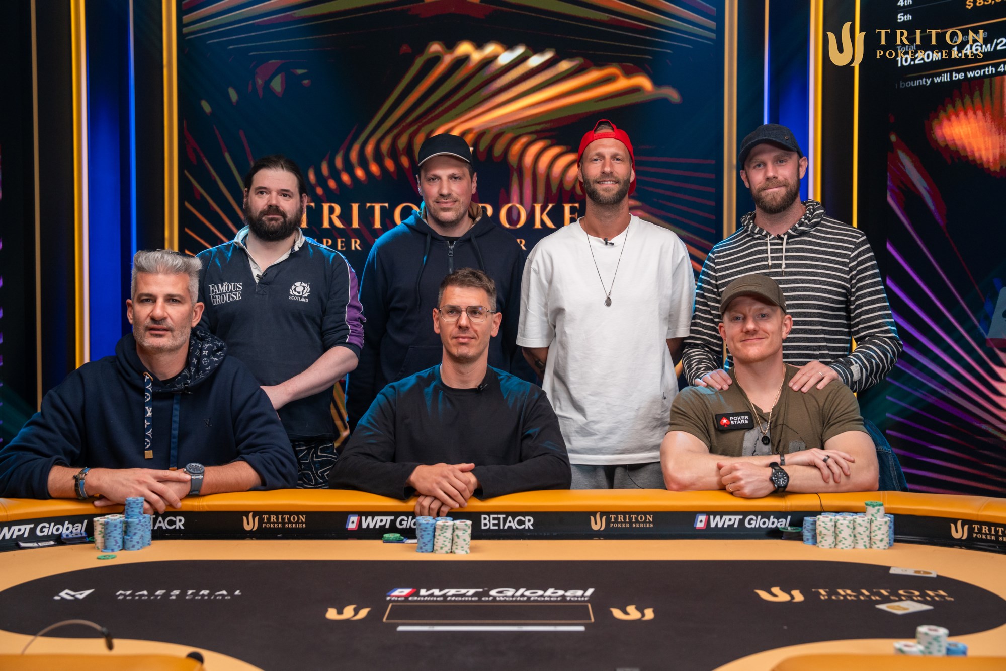 Triton Montenegro Event 17 final table players (clockwise from back left): Andrew Leathem, Artur Martirosian, Jonas Kronwitter, Seth Davies, Jason Koon, Gergo Nagy, Nacho Barbero